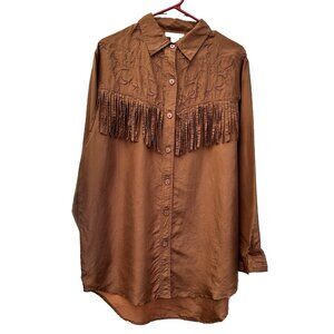 Vintage Gallagher Brown 100% Silk Embroidered Fringe Western Shirt Womens Size L
